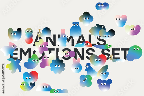 Aesthetic cute emotions shapes animal colorful minimalist geometric forms elements set for logo identification identity brand poster cards stickers designs 