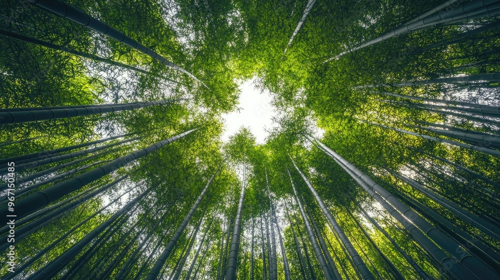 A dense forest of tall bamboo captured from a low angle, the stalks reaching straight up toward a luminous sky, creating a majestic view A dense forest of tall bamboo captured from a low angle, the stalks reaching straight up toward a luminous sky, creating a majestic view