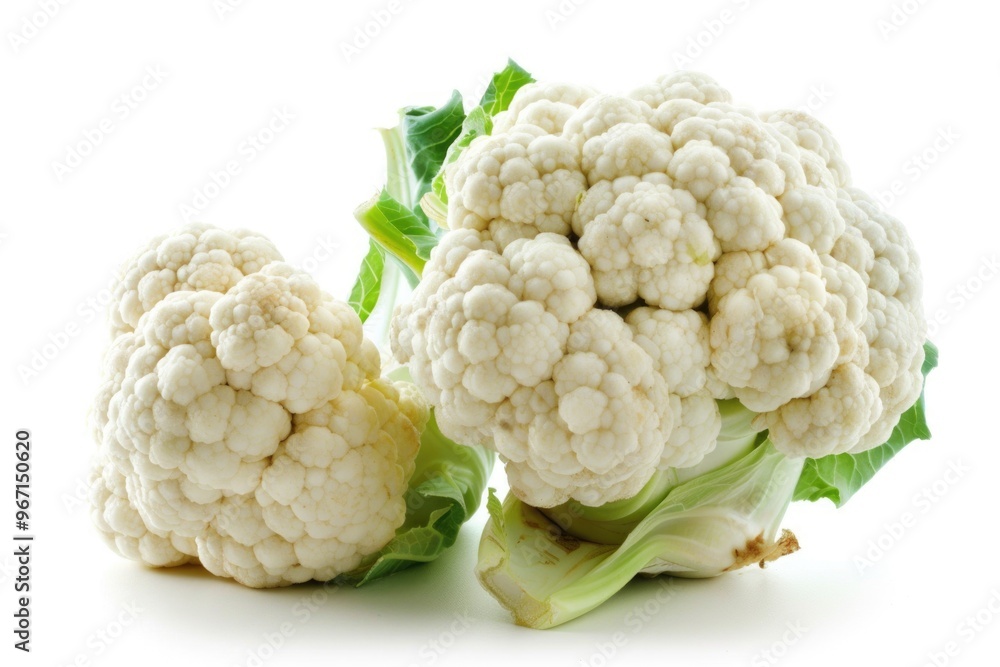Two fresh cauliflower heads on a clean white surface Two fresh cauliflower heads on a clean white surface