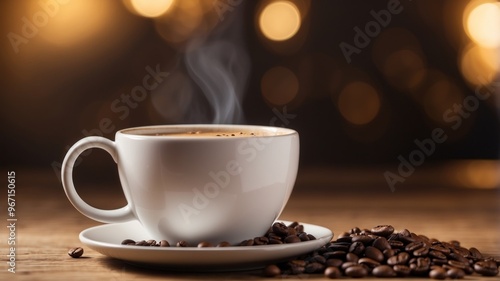 An white coffee mug sits on a wooden table with a pile of coffee beans around it.