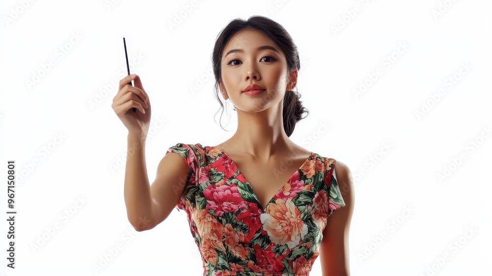 Asian professional woman in a lively dress, holding a presentation pointer with a calm and polite expression, pure white background Asian professional woman in a lively dress, holding a presentation pointer with a calm and polite expression, pure white background