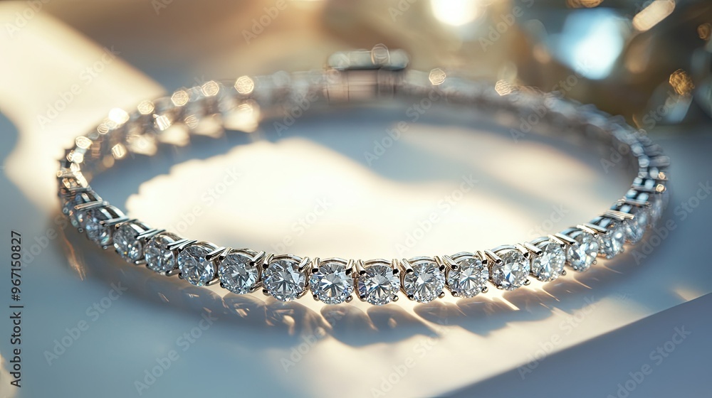 A diamond bracelet resting on a white surface, with soft lighting highlighting the delicate design and luxurious feel A diamond bracelet resting on a white surface, with soft lighting highlighting the delicate design and luxurious feel