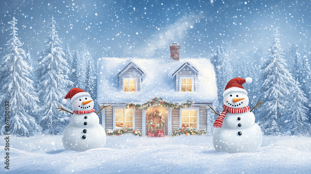 Obraz premium Winter holiday background banner cute snowman Merry christmas and happy new year