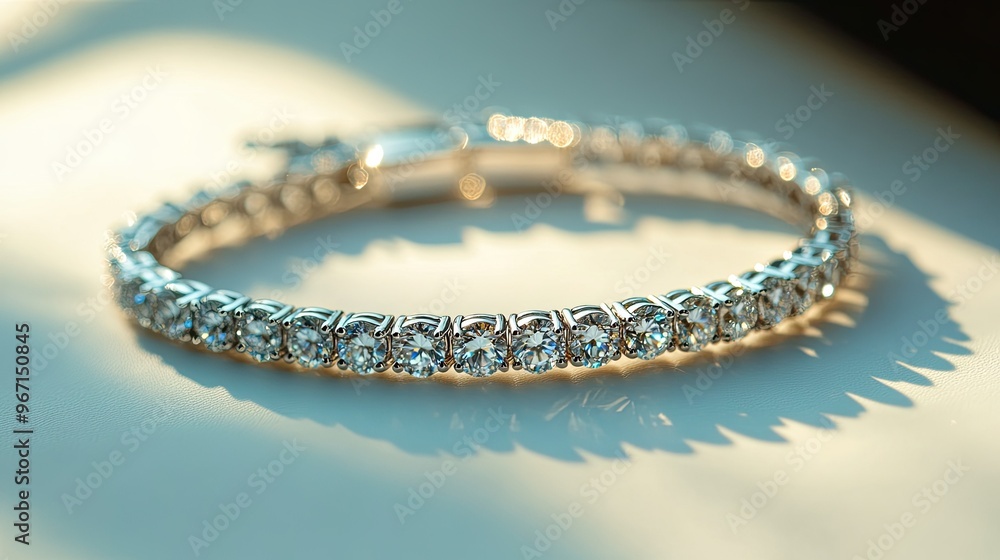 A diamond bracelet resting on a white surface, with soft lighting highlighting the delicate design and luxurious feel A diamond bracelet resting on a white surface, with soft lighting highlighting the delicate design and luxurious feel
