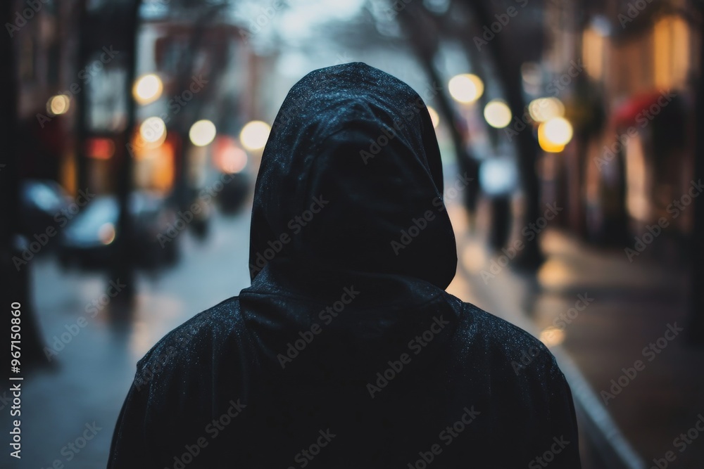 The image depicts a person wearing a hood in the rain on a dimly lit city street, with blurred street lights in the background, evoking a sense of mystery and solitude. The image depicts a person wearing a hood in the rain on a dimly lit city street, with blurred street lights in the background, evoking a sense of mystery and solitude.