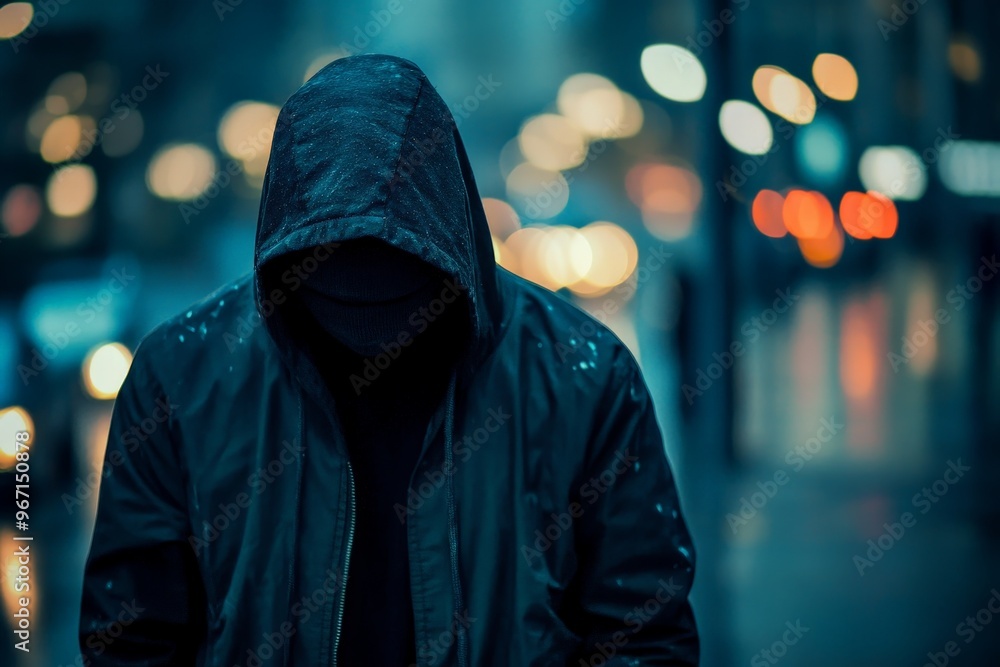 This image shows a person wearing a hood in a cityscape setting during the rain at night, with defocused street and car lights creating a moody, mysterious atmosphere. This image shows a person wearing a hood in a cityscape setting during the rain at night, with defocused street and car lights creating a moody, mysterious atmosphere.