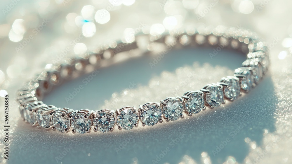 A diamond bracelet resting on a white surface, with soft lighting highlighting the delicate design and luxurious feel A diamond bracelet resting on a white surface, with soft lighting highlighting the delicate design and luxurious feel