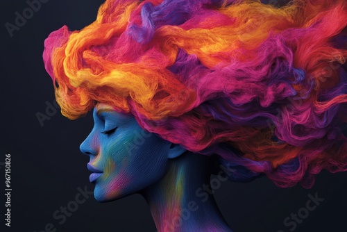 Brainwave amplification brain mapping lightwave transmission and cognitive field woman with glowing multicolor hair symbolizing creative thought and abstract imagination