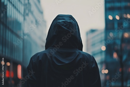 A hooded individual stands in a city at dusk, photographed from the rear, their identity hidden, blending into the urban environment, stirring thoughts of solitude and mystery. photo