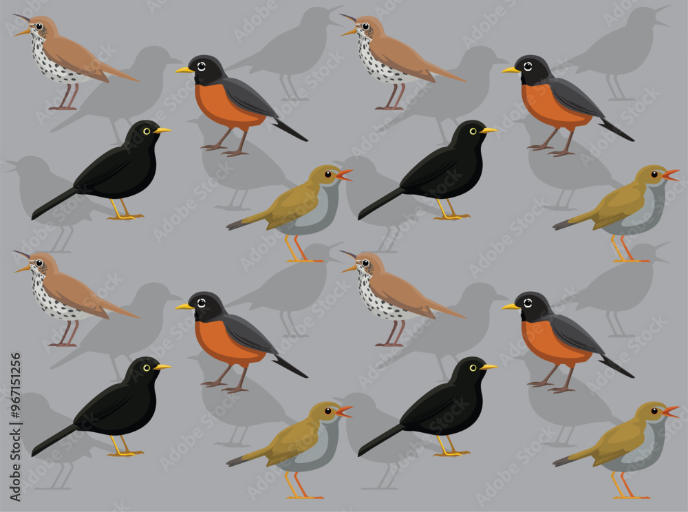 Fototapeta premium Bird Thrushes Robin Blackbird Cartoon Cute Seamless Wallpaper Background