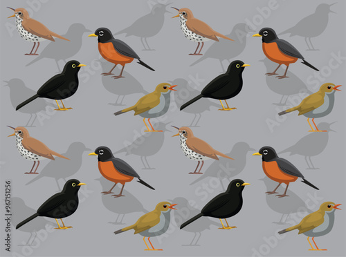 Bird Thrushes Robin Blackbird Cartoon Cute Seamless Wallpaper Background