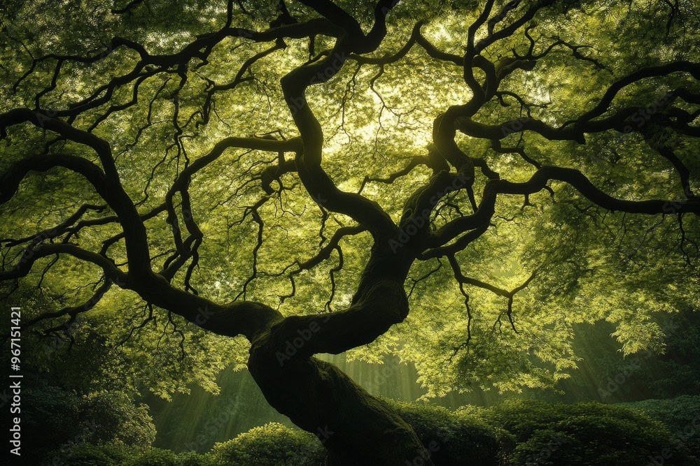 A wide canopy tree with twisting trunks and leafy branches creates a striking visual in a sun-dappled forest, revealing the artistic nature and vitality of woodland environments. A wide canopy tree with twisting trunks and leafy branches creates a striking visual in a sun-dappled forest, revealing the artistic nature and vitality of woodland environments.