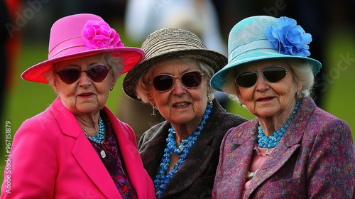 Three elderly women in vibrant hats and sunglasses at a British polo show. One wears a fuchsia pink suit with a blue flower necklace, creating a lively, colorful scene against a black background.