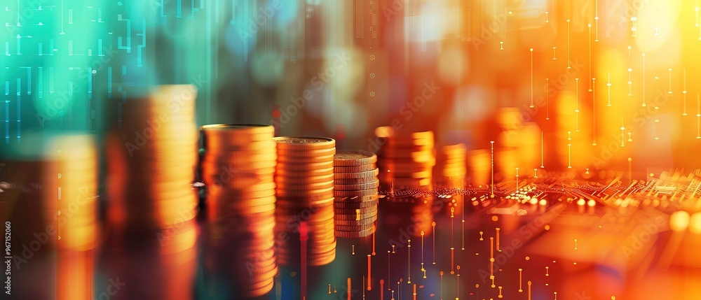 Double exposure of graph and rows of coins in soft color for finance and business concept Double exposure of graph and rows of coins in soft color for finance and business concept