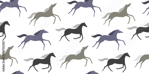 Seamless pattern with running horses. Animal print with a herd. Vector graphics.
