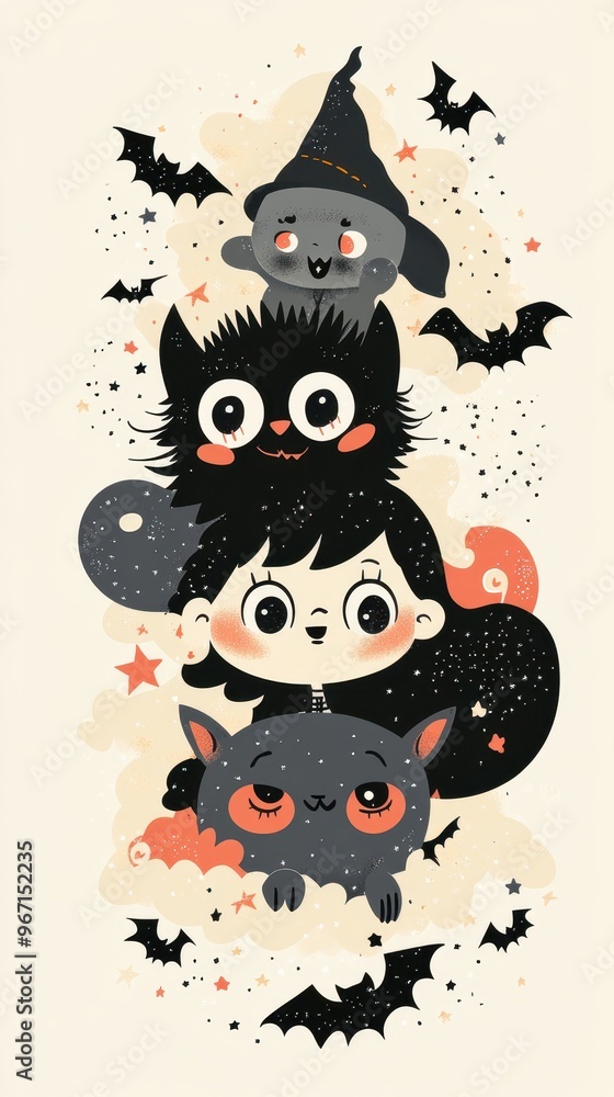 A delightful collection showcases charming Halloween characters, including cute ghosts, a witch, and playful bats against a whimsical backdrop A delightful collection showcases charming Halloween characters, including cute ghosts, a witch, and playful bats against a whimsical backdrop