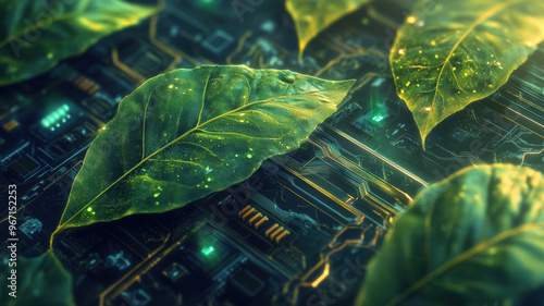 A background that blends organic leaf and cellular shapes with microcircuit technology and wires, creating a harmonious fusion of nature and technology. photo