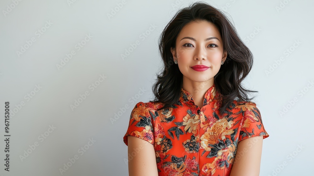 Asian working woman in a stylish vibrant dress, sitting in a meeting room, calm and polite expression, pure white background Asian working woman in a stylish vibrant dress, sitting in a meeting room, calm and polite expression, pure white background