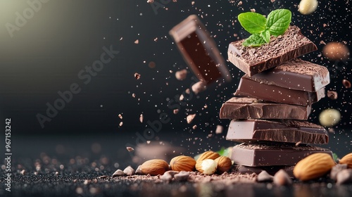 Delicious dark chocolate stacked with nuts and mint, creating a tempting and visually appealing dessert display. photo