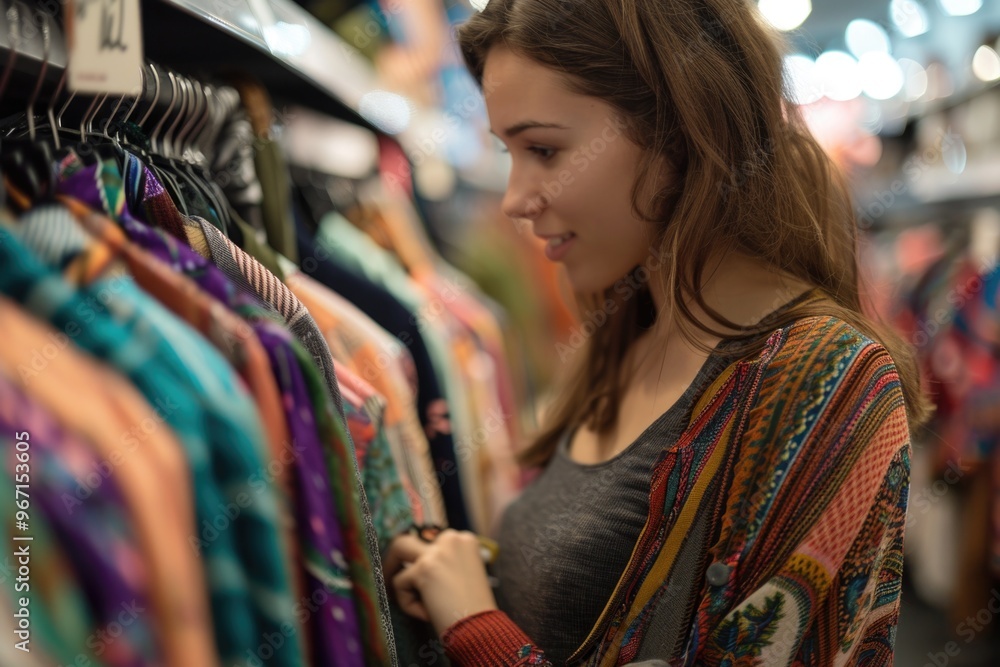 A woman examining a rack of shirts in a store A woman examining a rack of shirts in a store