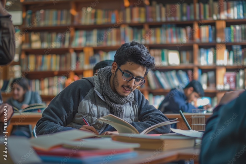 A person sits at a table in a quiet library, engrossed in a book A person sits at a table in a quiet library, engrossed in a book