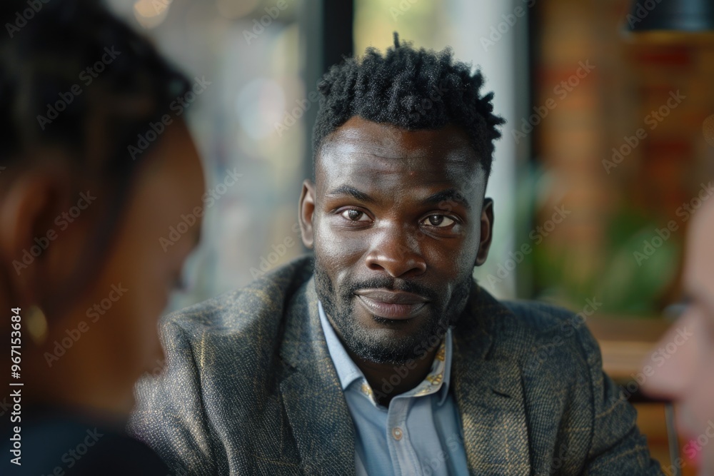 A man sits at a table having a conversation with a woman, focusing on their interaction A man sits at a table having a conversation with a woman, focusing on their interaction
