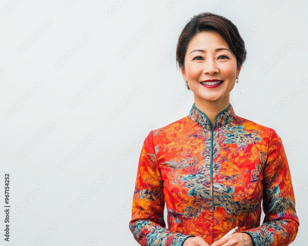 Asian businesswoman in a traditional yet modern colorful dress, presenting in front of a board, smiling politely, pure white background Asian businesswoman in a traditional yet modern colorful dress, presenting in front of a board, smiling politely, pure white background