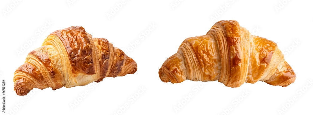 Two delicious freshly baked croissants arranged on a white or transparent background PNG Two delicious freshly baked croissants arranged on a white or transparent background PNG