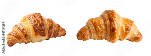 Two delicious freshly baked croissants arranged on a white or transparent background PNG