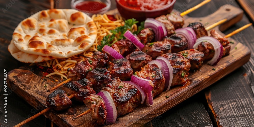 Close up top view of skewers with grilled meat red onion rings sauce and pita bread served on a wooden board on a wooden table Close up top view of skewers with grilled meat red onion rings sauce and pita bread served on a wooden board on a wooden table