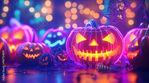 Wallpaper Mural Glowing Jack-O-Lanterns with Spiderweb. Torontodigital.ca