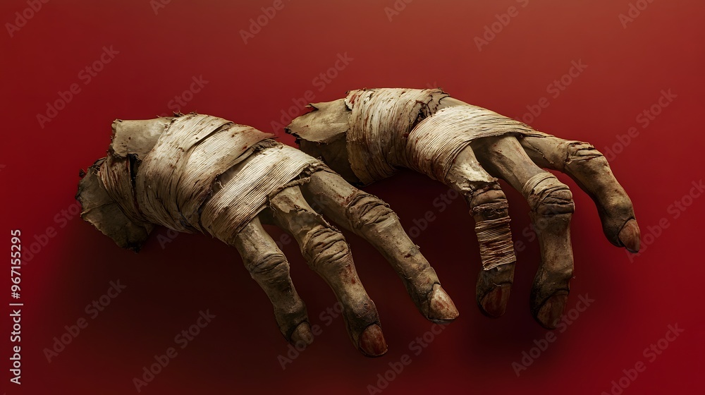 A pair of mummified hands with fingers curled in a claw-like manner, bandages wrapped haphazardly with pieces hanging loose, against a solid dark red background, the bandages show signs of decay, the A pair of mummified hands with fingers curled in a claw-like manner, bandages wrapped haphazardly with pieces hanging loose, against a solid dark red background, the bandages show signs of decay, the