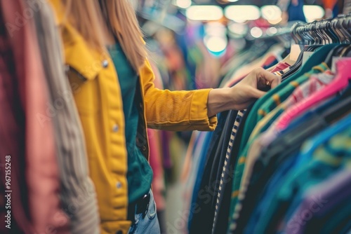 A woman browsing through a rack of clothes in a store, possibly looking for something to buy or trying on different outfits