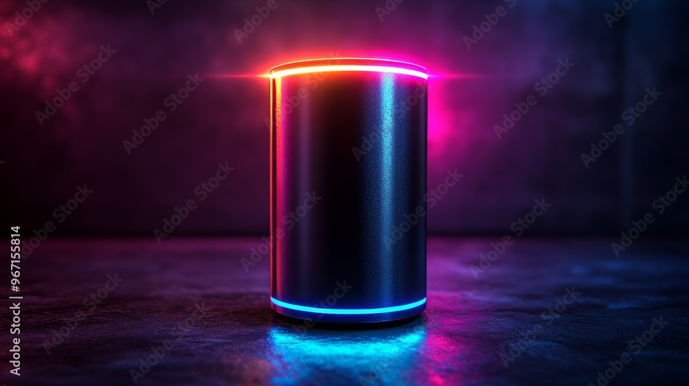 Sleek metal cylinder on a solid, muted background, futuristic holographic accents, glowing blue edges, vibrant neon highlights Sleek metal cylinder on a solid, muted background, futuristic holographic accents, glowing blue edges, vibrant neon highlights