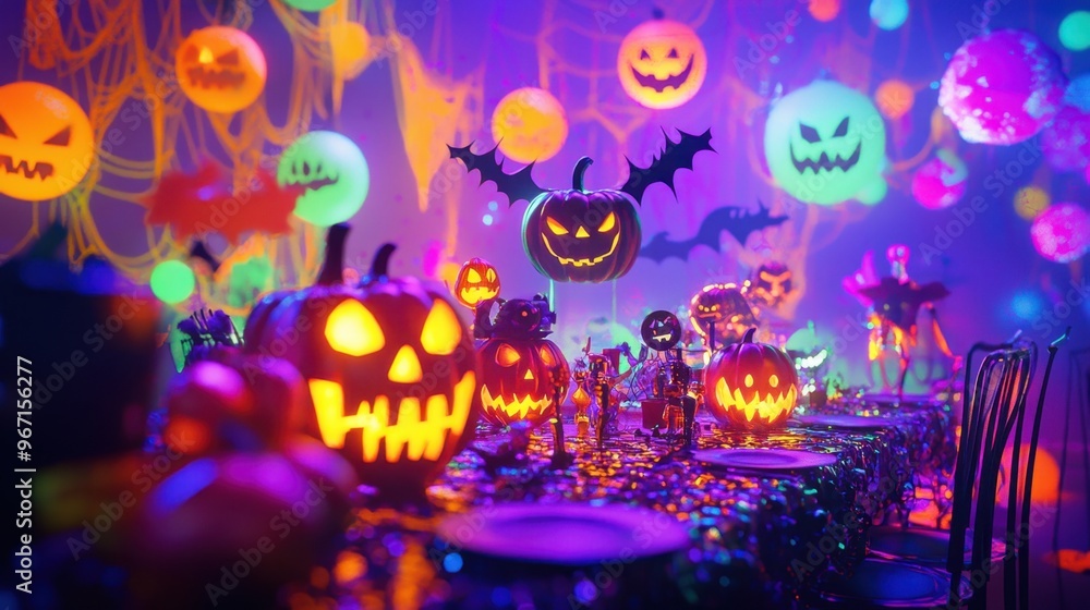 Obraz premium Spooky Halloween Table Setting with Pumpkins and Bats.