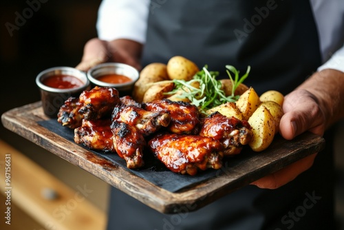 A platter of juicy BBQ chicken wings, accompanied by roasted potatoes and garnished with fresh herbs, served with two dipping sauces, on a rustic wooden board. photo