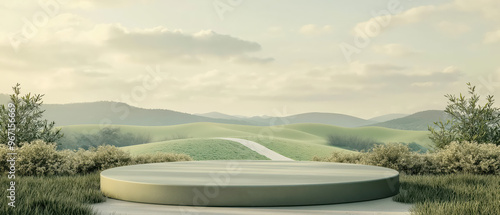 A serene outdoor landscape featuring a circular podium surrounded by lush greenery and rolling hills under a soft sky. photo