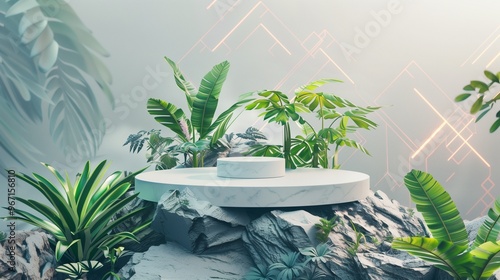 : A minimalist podium on a jagged rock formation, with vibrant tropical plants and an abstract background of geometric patterns and soft hues.