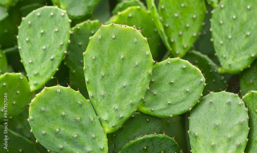 Close-up view of vibrant green cactus pads featuring distinctive spines in a desert garden setting under natural sunlight Close-up view of vibrant green cactus pads featuring distinctive spines in a desert garden setting under natural sunlight