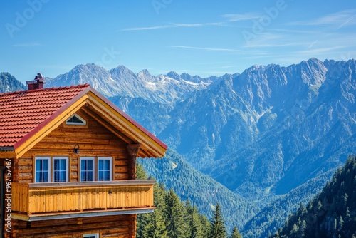 A rustic wooden cabin with a small balcony is perched in a breathtaking mountainscape under a clear blue sky, providing a serene escape and panoramic views.