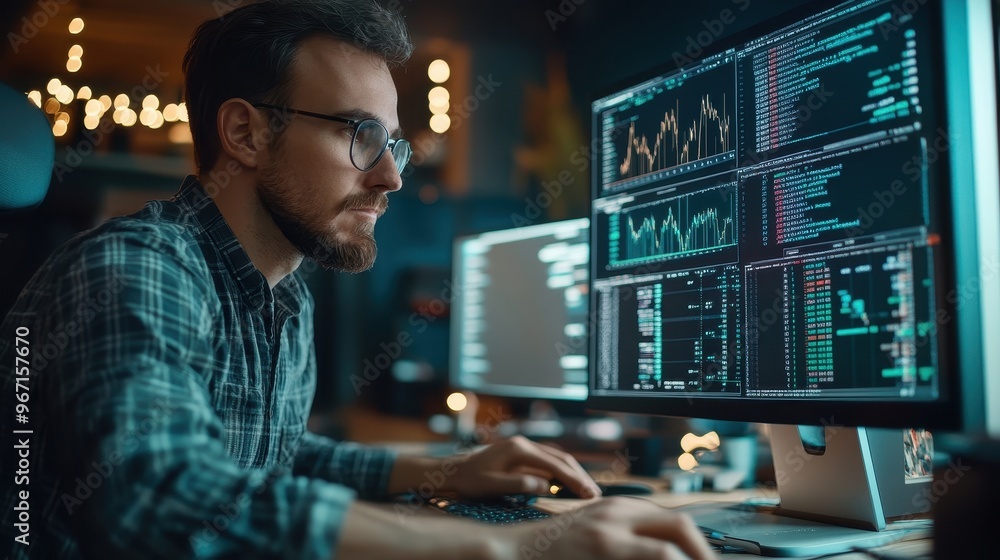 Focused Professional Analyzing Financial Data on Multiple Monitors for Effective Risk Management in a Modern Office Setting Focused Professional Analyzing Financial Data on Multiple Monitors for Effective Risk Management in a Modern Office Setting