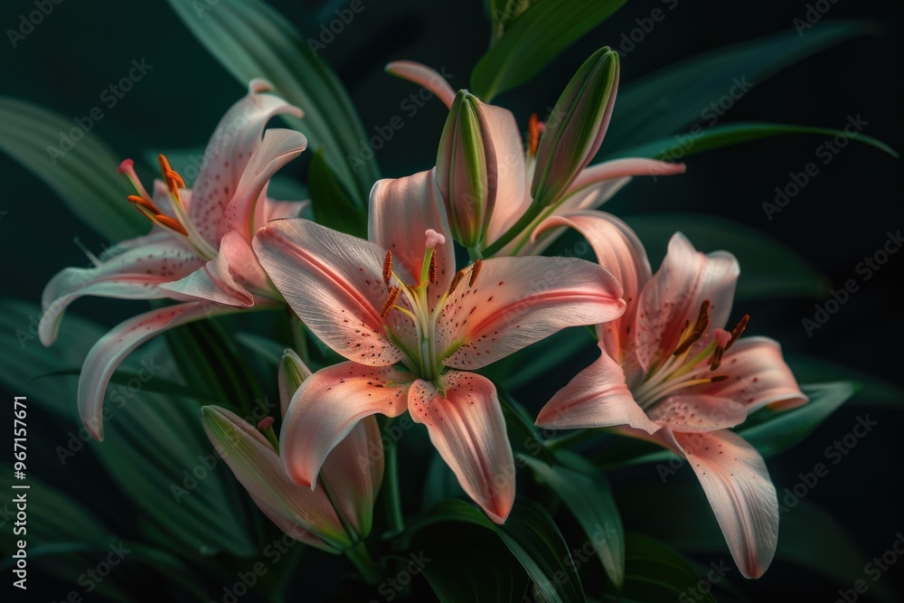 Fototapeta premium A group of pink flowers sit atop a lush green plant