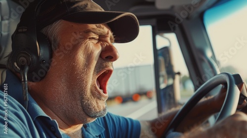 A person wearing headphones drives a truck on a road photo