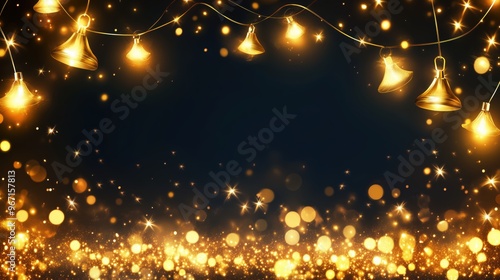 festive background with gold lights and bells on dark background with copy space