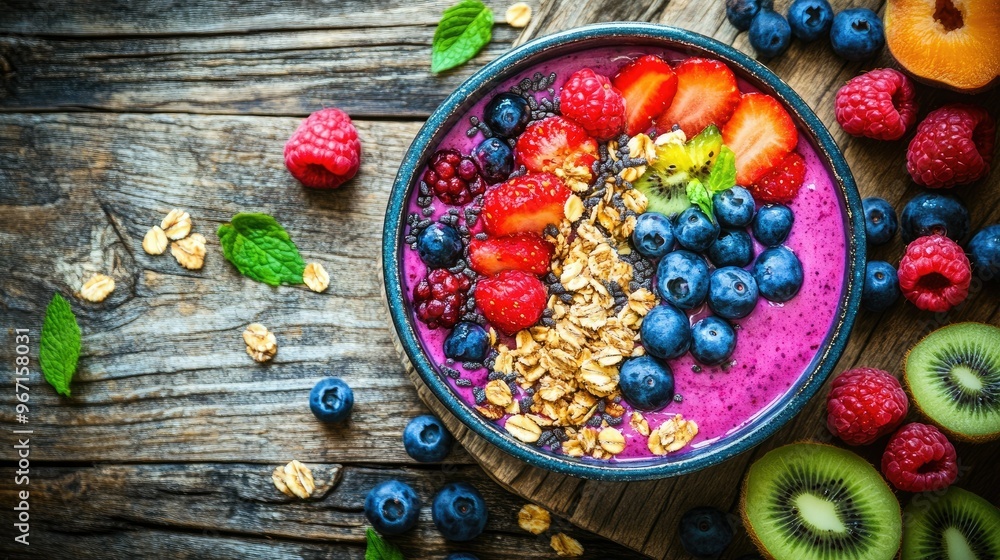 A vibrant smoothie bowl topped with fresh fruits and nuts, perfectly placed on a wooden table, with bright natural light, creating a harmonious and inviting scene A vibrant smoothie bowl topped with fresh fruits and nuts, perfectly placed on a wooden table, with bright natural light, creating a harmonious and inviting scene