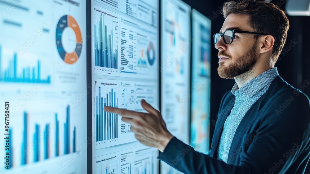 Business Professional Analyzing Data on Multiple Screens for Effective Risk Management in a Modern Office Setting Business Professional Analyzing Data on Multiple Screens for Effective Risk Management in a Modern Office Setting