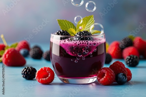 Vibrant Mulberry Drink with Effervescent Bubbles and Rich Berry Essence on Soft Focus Background