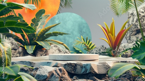: A minimalist podium on a rugged rock surface, surrounded by exotic tropical plants and an abstract background of organic shapes and bold colors.