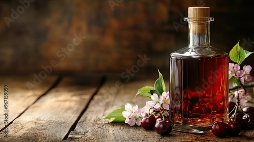 A vintage glass bottle of Kirsch liquor on an aged wooden table, with fresh cherries and cherry blossoms arranged beside it, representing a sweet, traditional drink photo