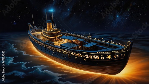 A shimmering ethereal being the fairylike bioluminesce ,a ship on a water in ocean,JPEG photo